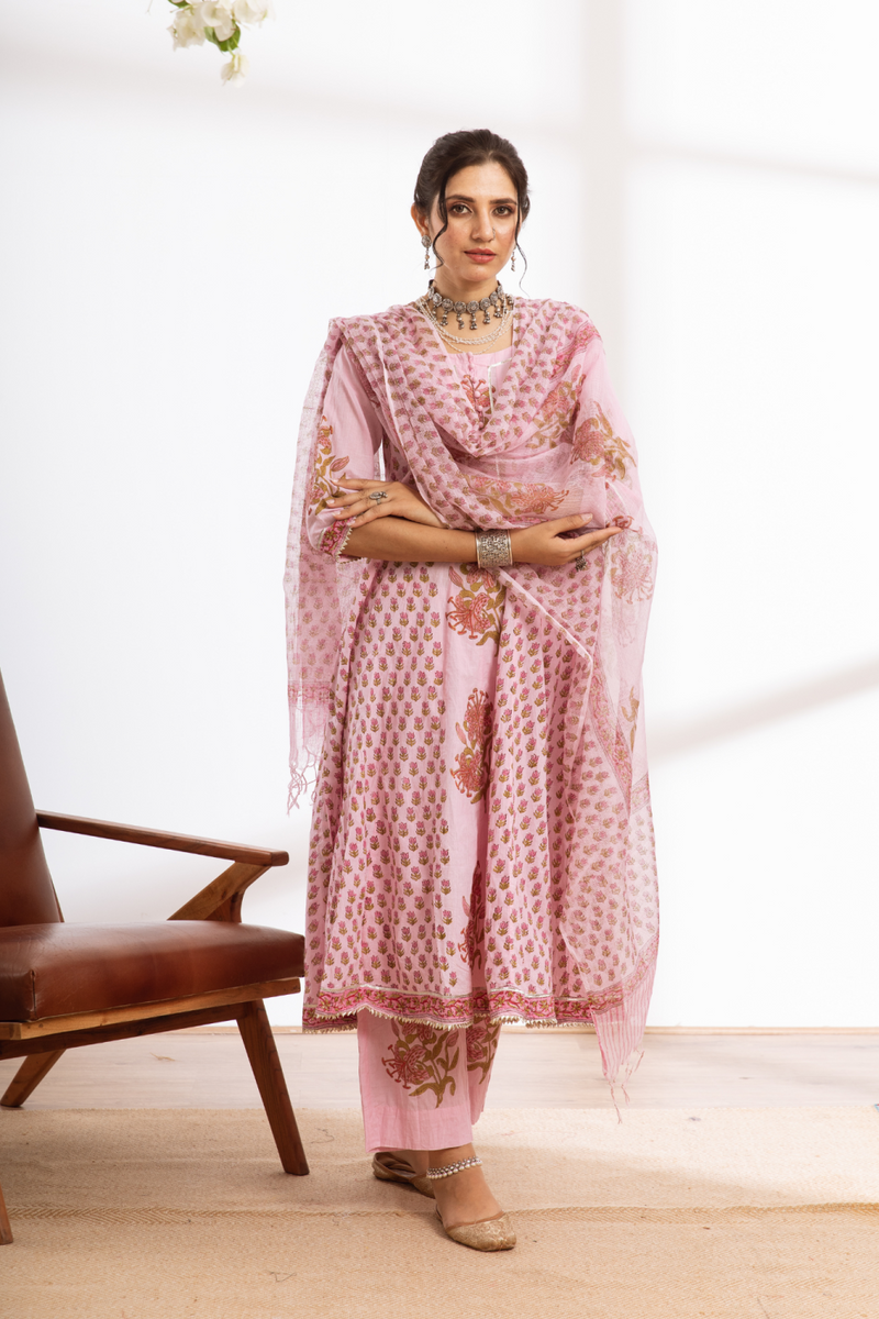 Rasika Gulabi Kalidar Set - pink hand block printed cotton kalidar set cotton by Maison Shefali in pink color for women Worldwide