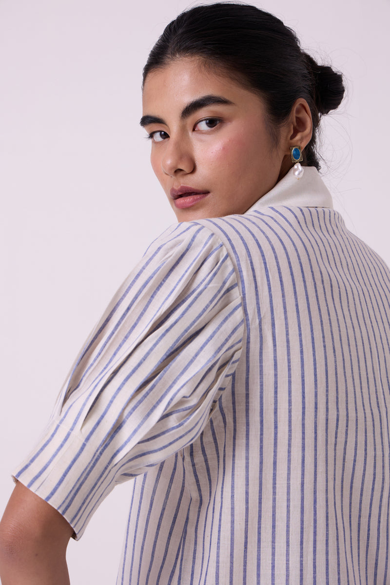 Kumo Striped Embroidered Handwoven Top handwoven cotton top/shirt by The Summer House in off white for women Worldwide