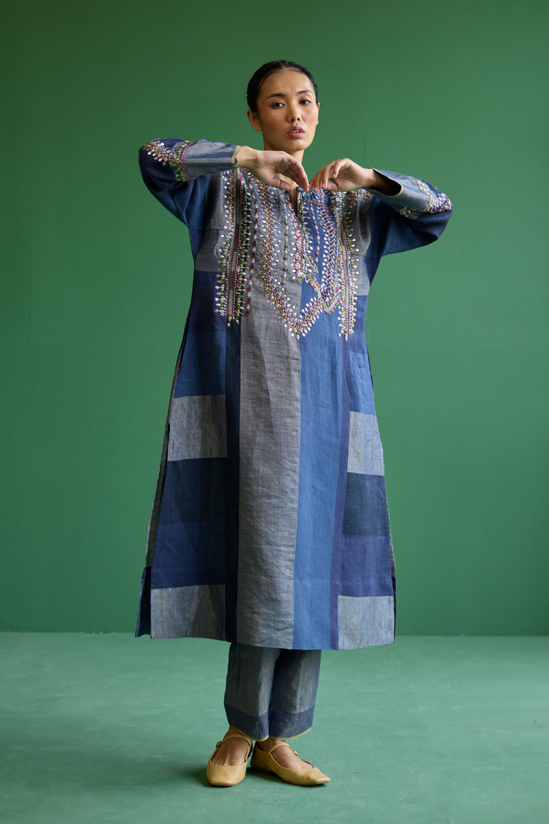 Rida Hand-Embroidered Metallic Linen Kurta - Navy linen by Manan in navy color for women Worldwide
