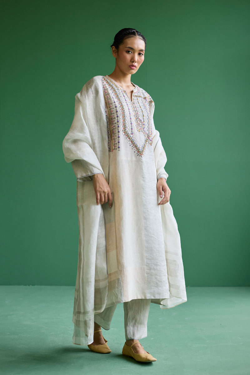 Rida Hand-Embroidered Kurta Set
 - Ivory linen by Manan in ivory color for women Worldwide