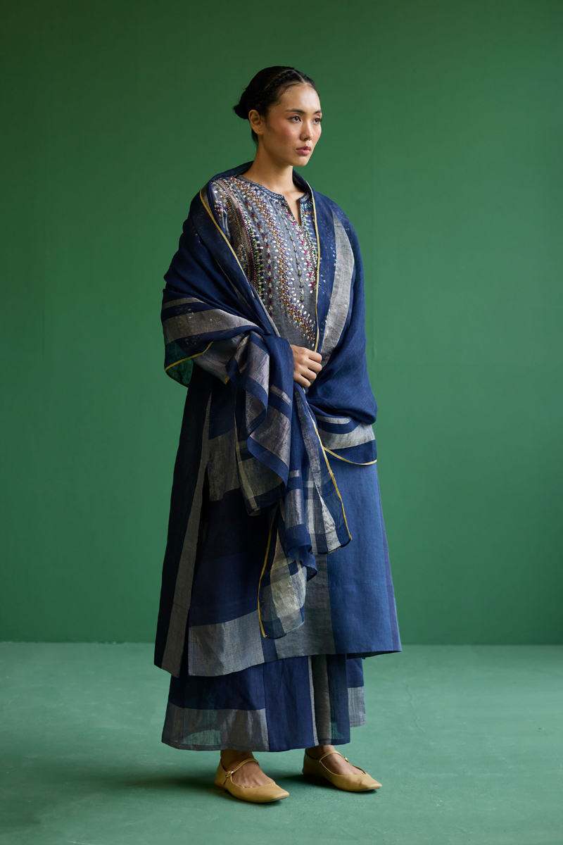Rida Hand-Embroidered Kurta Set
 - Navy linen by Manan in navy color for women Worldwide