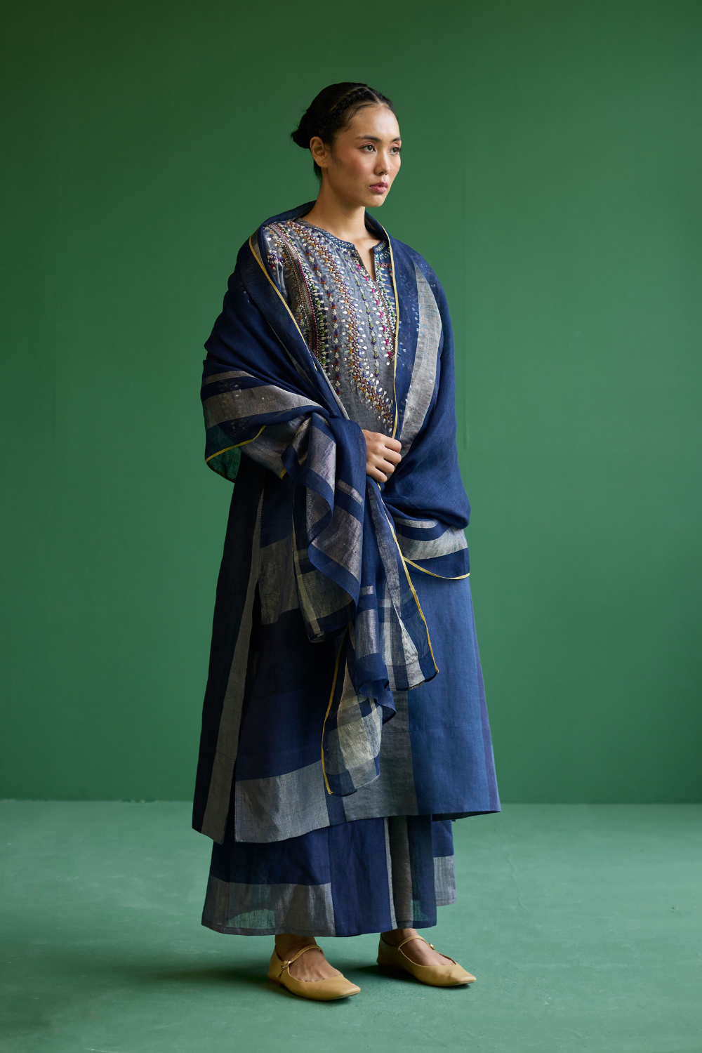 Rida Hand-Embroidered Kurta Set
 - Navy