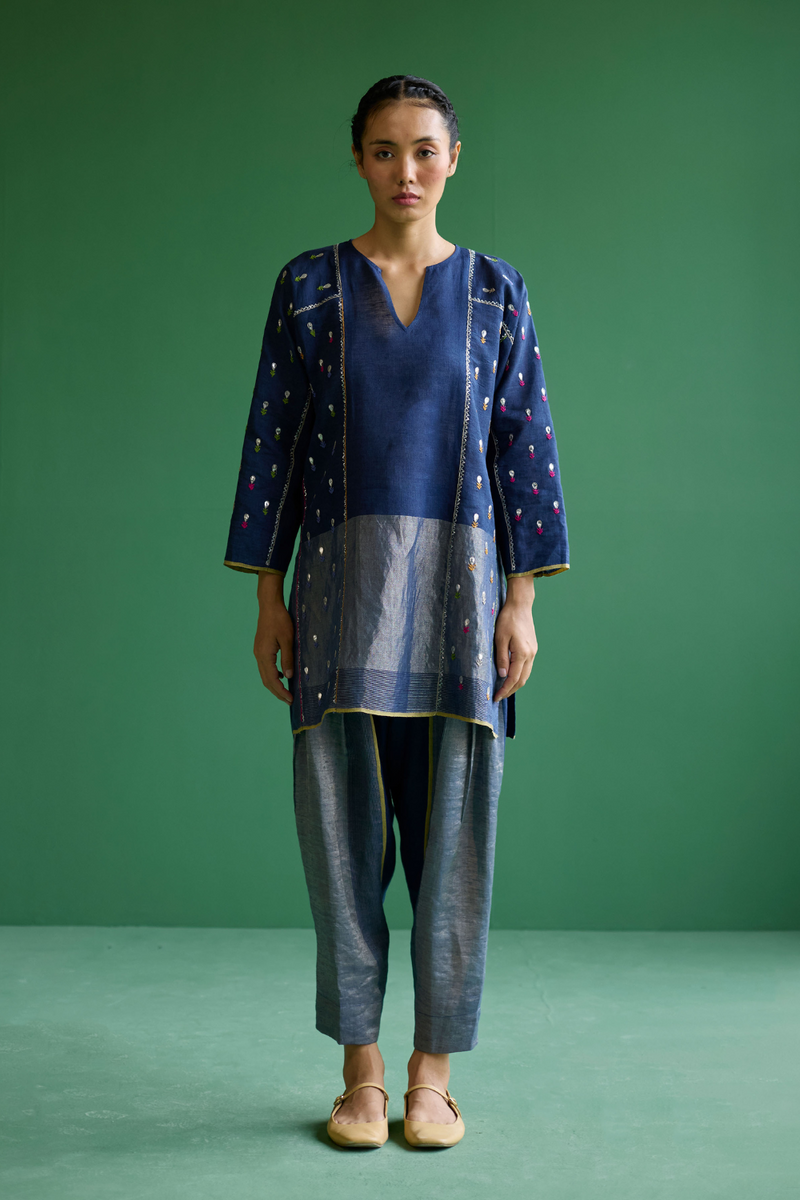 Ennya Hand-Embroidered Kurta Set
 - Navy linen by Manan in navy color for women Worldwide