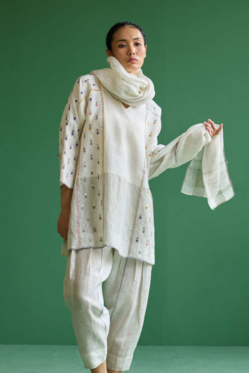 Ennya Hand-Embroidered Kurta Set
 - Ivory linen by Manan in ivory color for women Worldwide