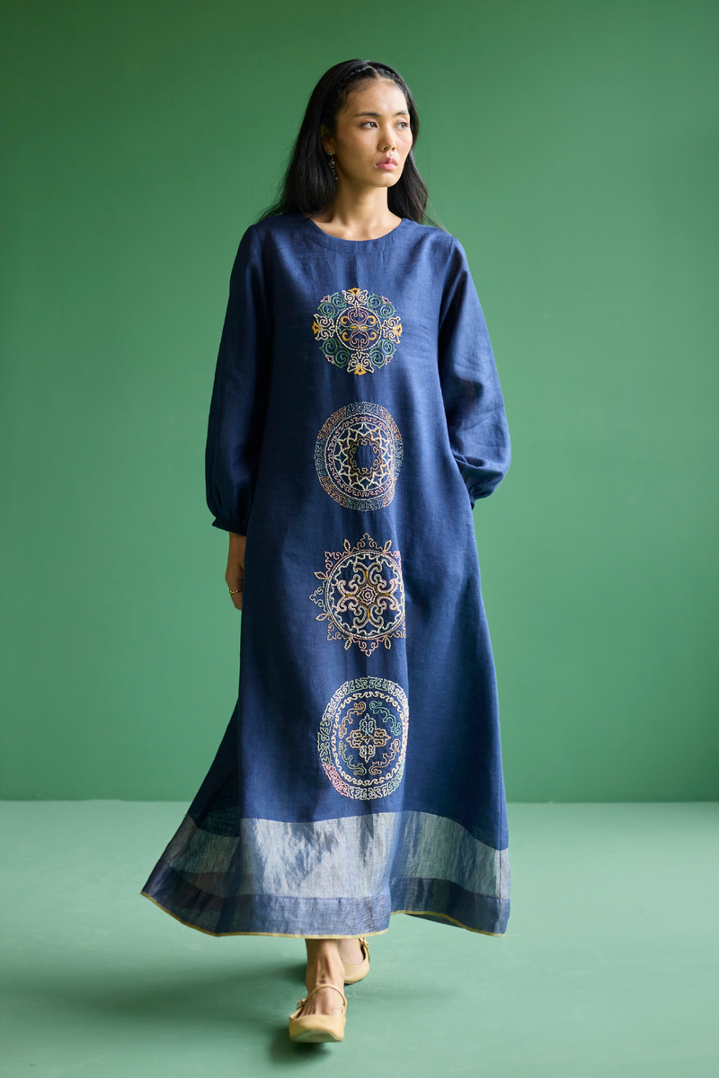 Eira Hand-Embroidered Linen Dress - Navy linen by Manan in navy color for women Worldwide