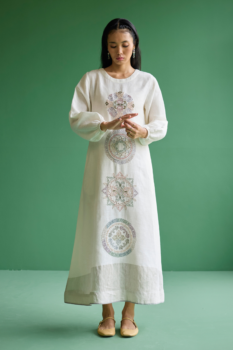 Eira Hand-Embroidered Linen Dress - Ivory linen by Manan in ivory color for women Worldwide