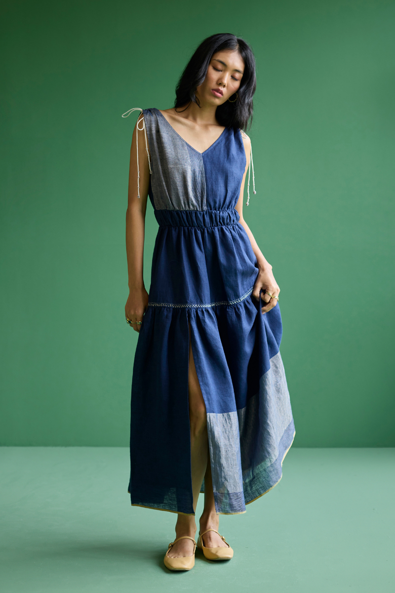 Aria Metallic Linen Dress - Navy linen by Manan in navy color for women Worldwide