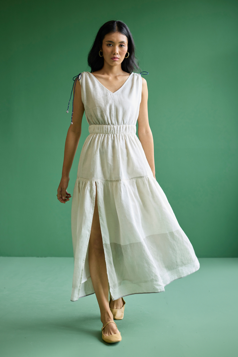 Aria Metallic Linen Dress - Ivory linen by Manan in ivory color for women Worldwide