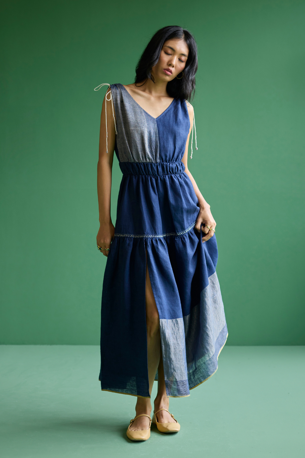 Aria Metallic Linen Dress - Navy