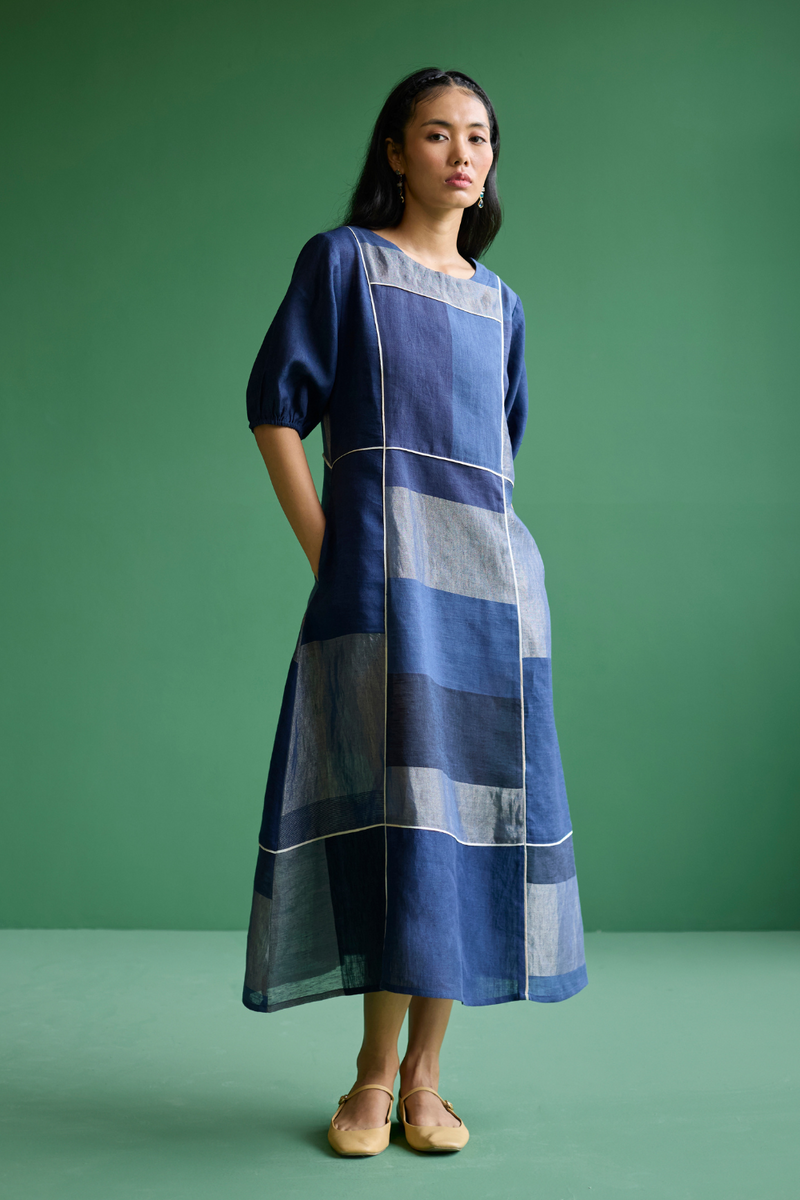 Sehr Metallic Linen Piping Dress - Navy linen by Manan in navy color for women Worldwide