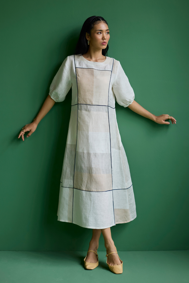 Sehr Metallic Linen Piping Dress - Ivory linen by Manan in ivory color for women Worldwide