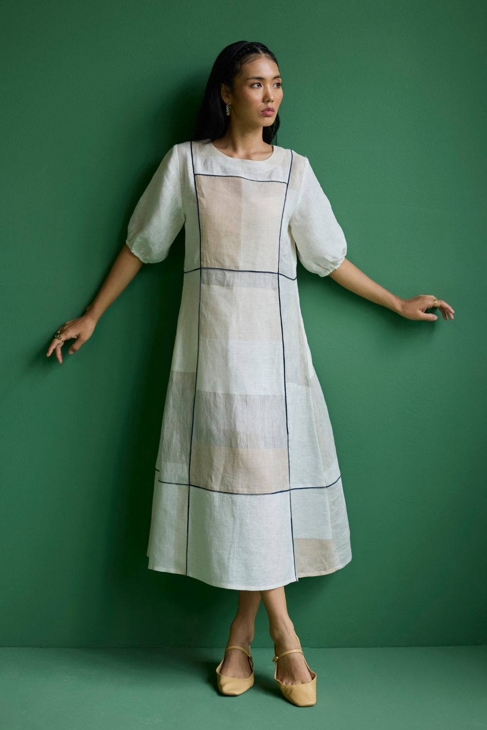 Sehr Metallic Linen Piping Dress - Ivory