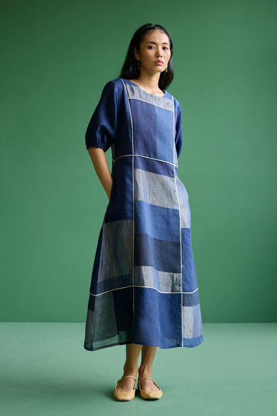 Sehr Metallic Linen Piping Dress - Navy