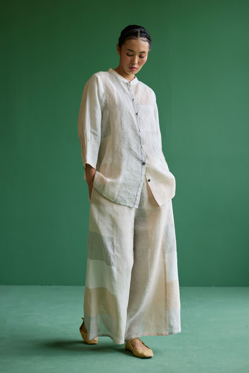 Izara Stripe Patchwork Linen Shirt
 - Ivory linen by Manan in ivory color for women Worldwide