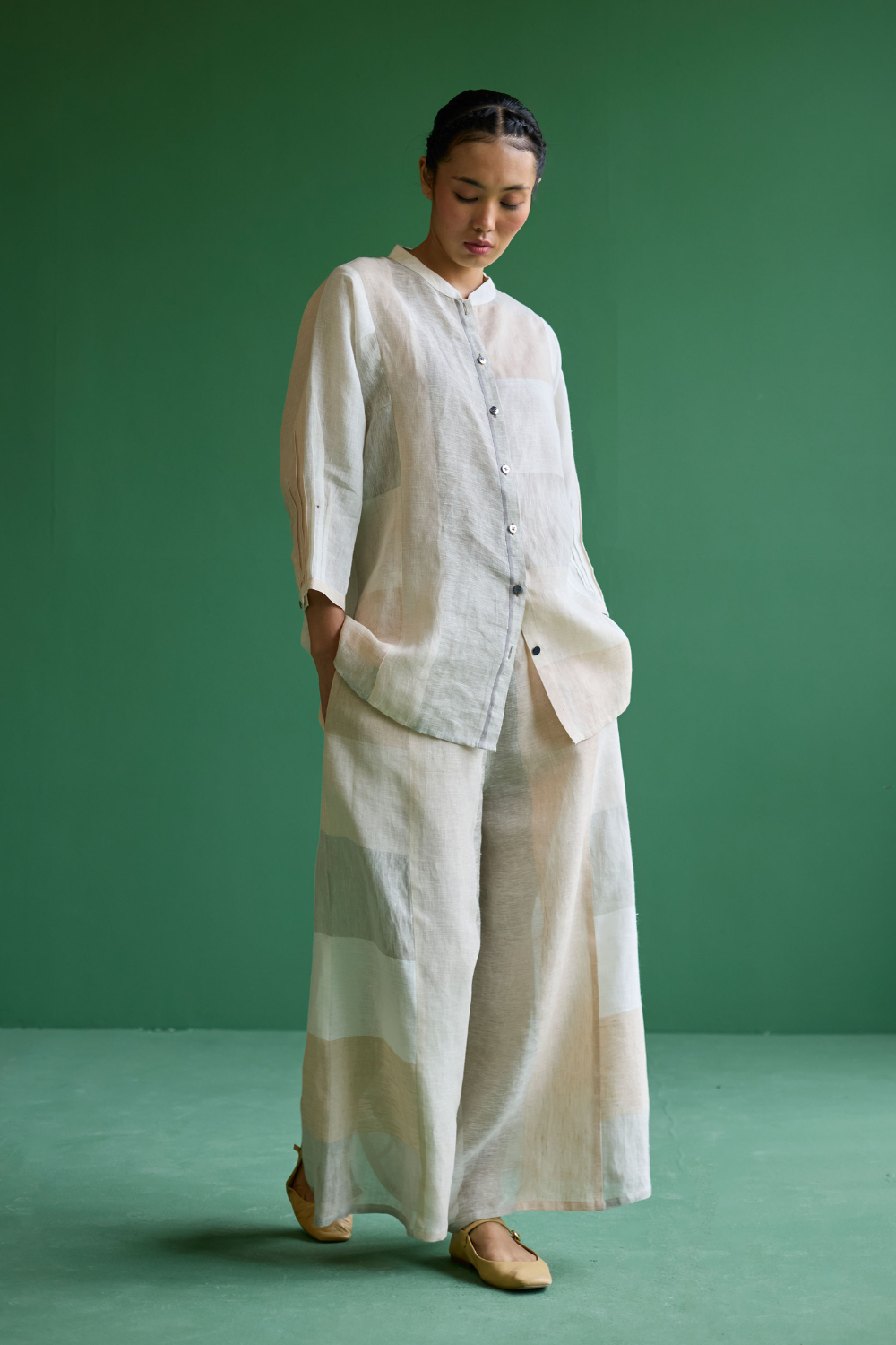 Izara Stripe Patchwork Linen Shirt
 - Ivory