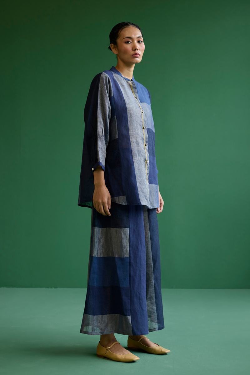 Izara Metallic Linen Co-ord Set - Navy linen by Manan in navy color for women Worldwide