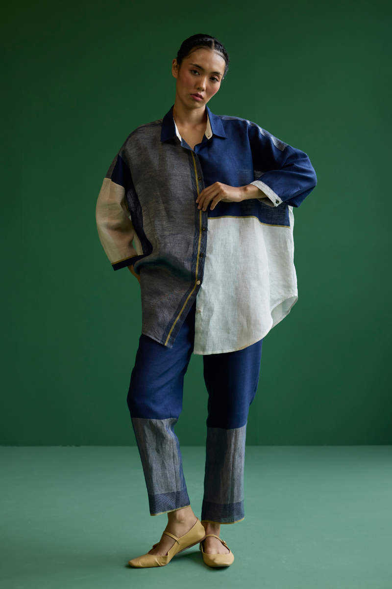 Esha Color-Blocked Co-ord Set
 - Navy linen by Manan in navy color for women Worldwide