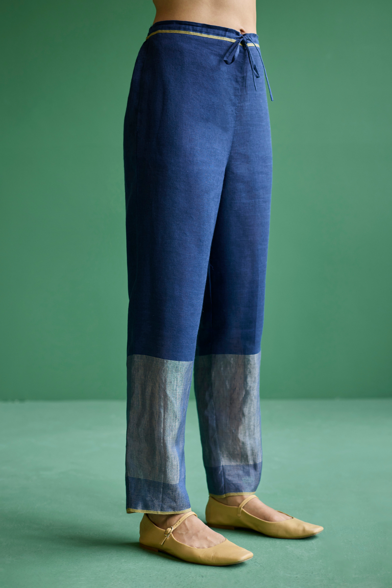 June Metallic Linen Pant - Navy linen by Manan in navy color for women Worldwide