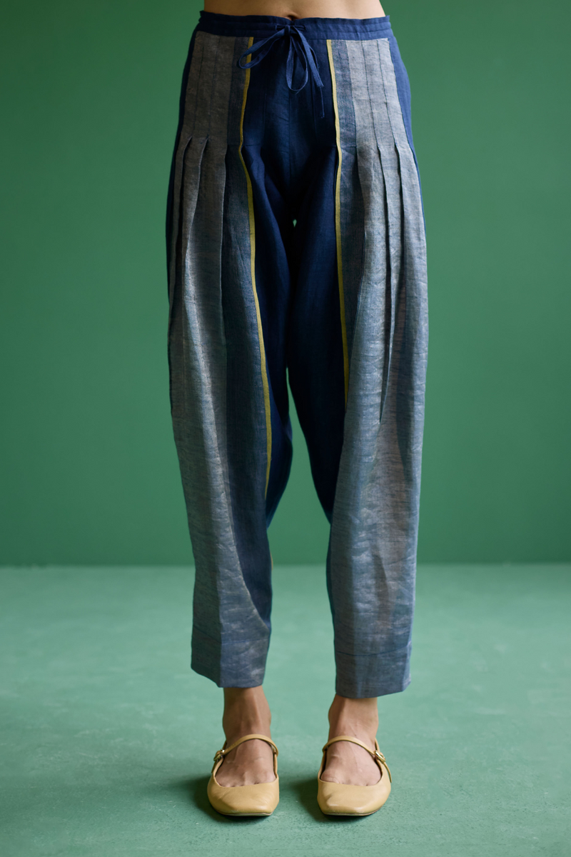 Zang Metallic Linen Salwar Pant - Navy linen by Manan in navy color for women Worldwide