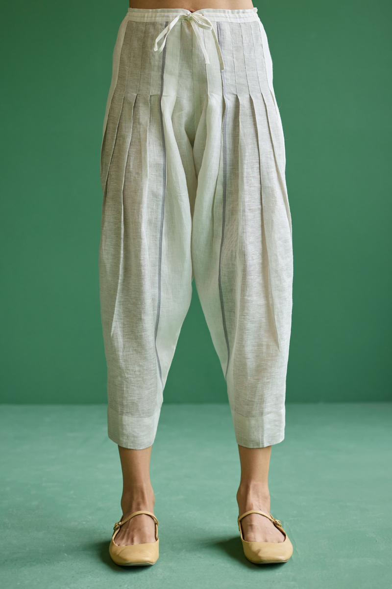 Zang Metallic Linen Salwar Pant - Ivory linen by Manan in ivory color for women Worldwide