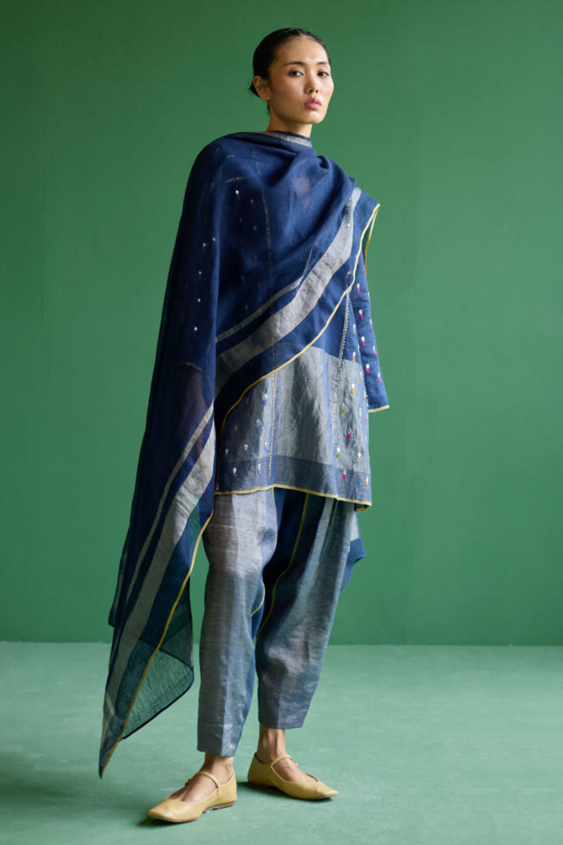 Shuri Metallic Linen Dupatta - Navy linen by Manan in ivory color for women Worldwide