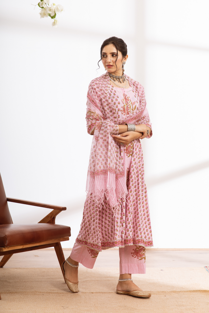 Rasika Gulabi Kalidar Set - pink hand block printed cotton kalidar set cotton by Maison Shefali in pink color for women Worldwide