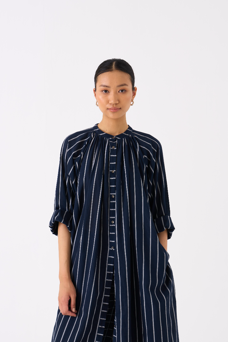 GATHER NECK SHIRT-BLACK STRIPE mul by THREE in black color for women Worldwide