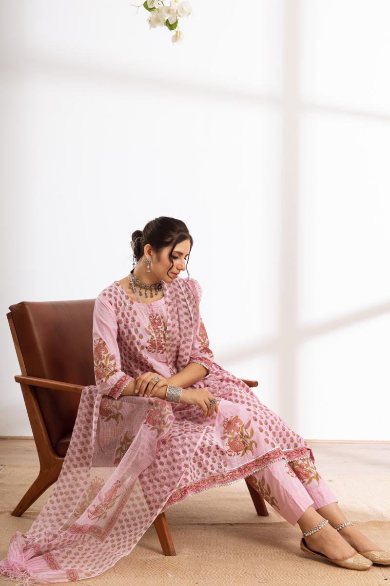 Rasika Gulabi Kalidar Set - pink hand block printed cotton kalidar set cotton by Maison Shefali in pink color for women Worldwide
