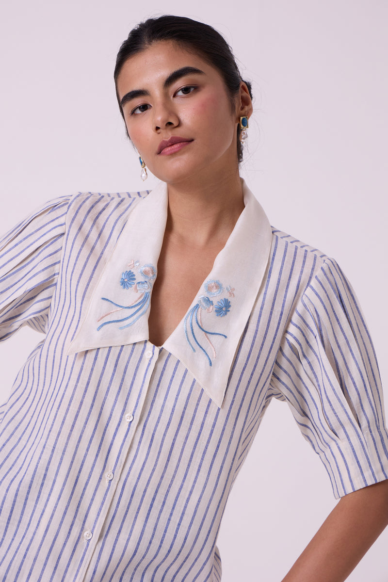 Kumo Striped Embroidered Handwoven Top handwoven cotton top/shirt by The Summer House in off white for women Worldwide