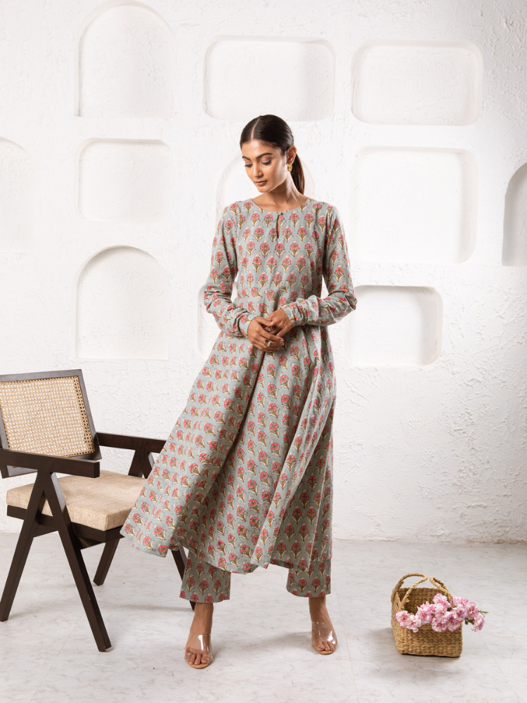 Grey Pansy Kurta Set Kurta Sets by Marche for women Worldwide