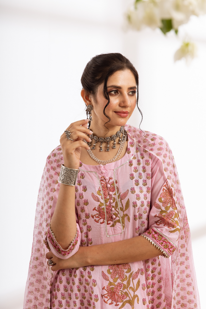 Rasika Gulabi Kalidar Set - pink hand block printed cotton kalidar set cotton by Maison Shefali in pink color for women Worldwide