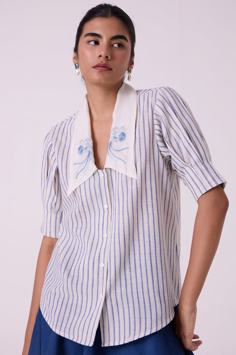 Kumo Striped Embroidered Handwoven Top handwoven cotton top/shirt by The Summer House in off white for women Worldwide