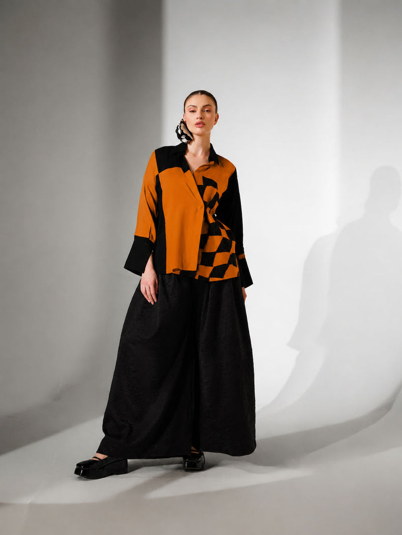 Dew Shirt-Black + Ochre mysore silk top/shirt by Stoique in black, ochre for women Worldwide