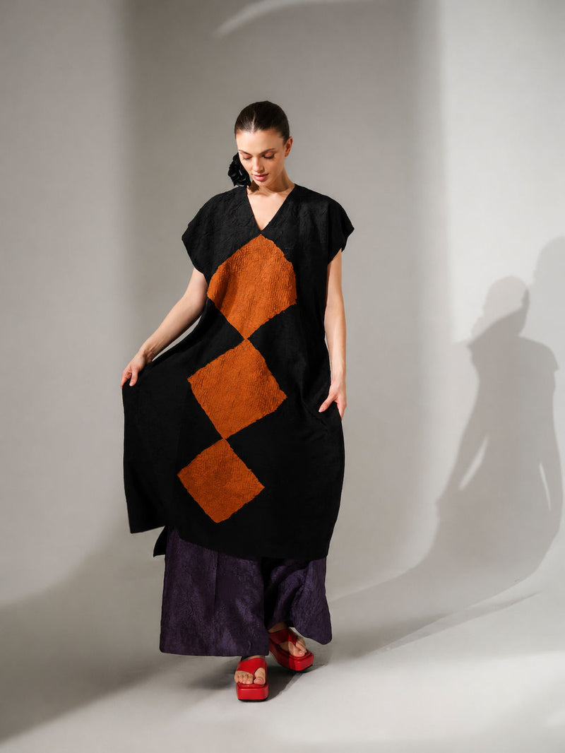 Facet Tunic-Black + Ochre crushed silk tunics and kaftans by Stoique in black, ochre for women Worldwide