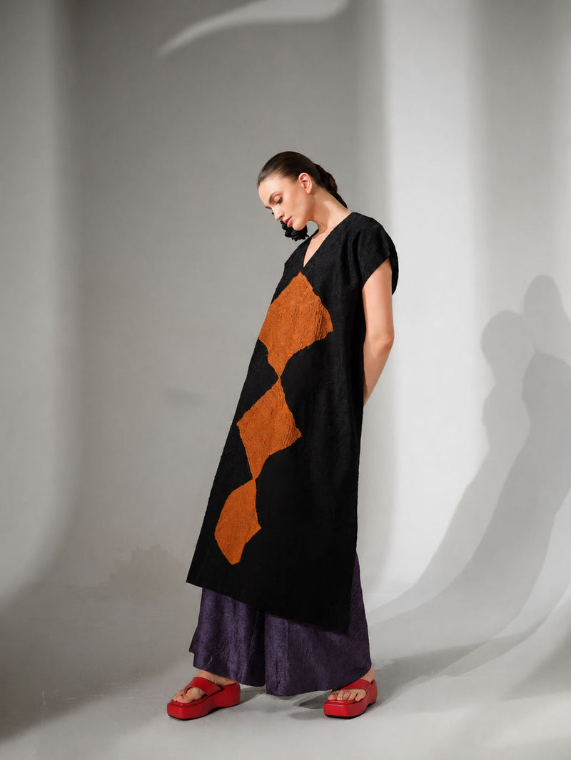 Facet Tunic-Black + Ochre crushed silk tunics and kaftans by Stoique in black, ochre for women Worldwide