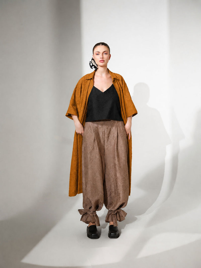 Grain Overlay-Ochre + Black crushed silk jacktes and overlays by Stoique in ochre, black for women Worldwide