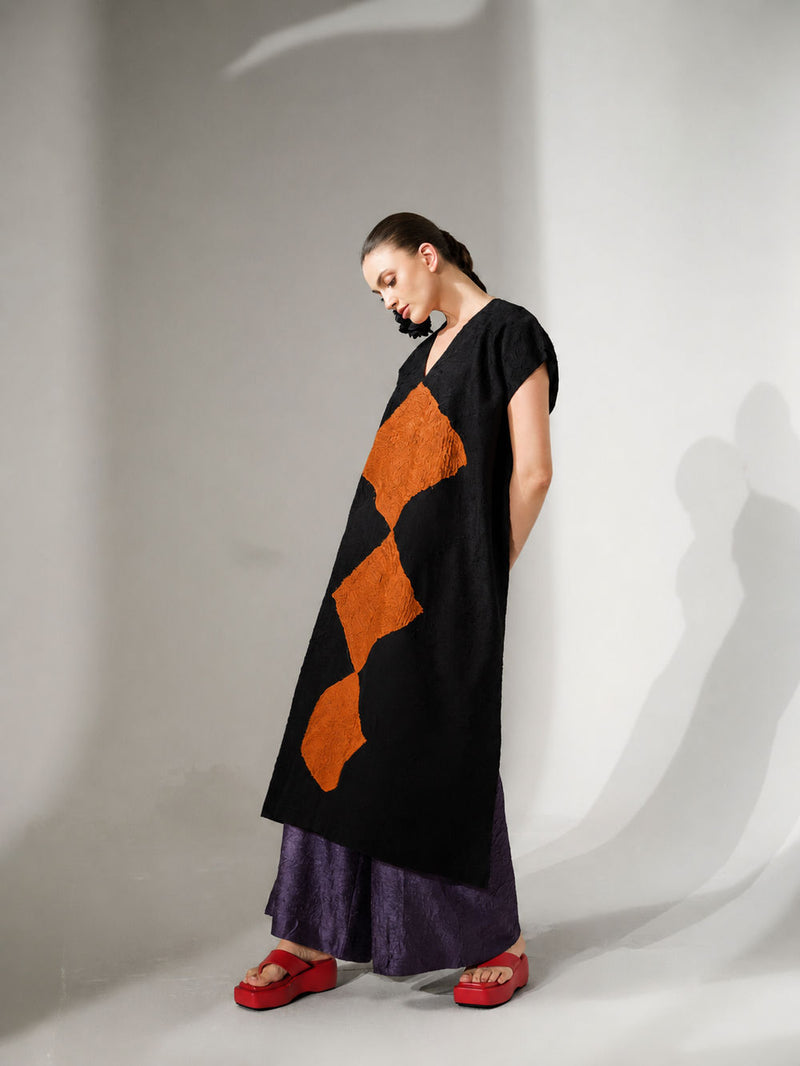 Facet Tunic-Black + Ochre crushed silk tunics and kaftans by Stoique in black, ochre for women Worldwide