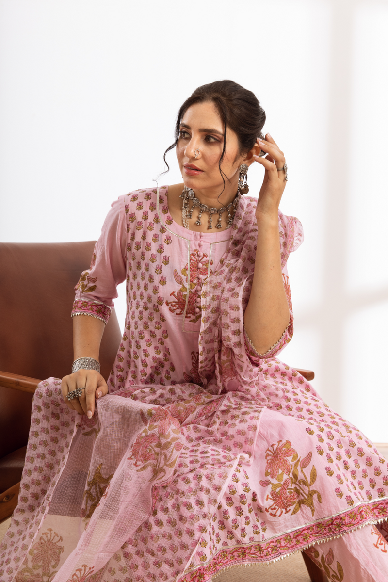 Rasika Gulabi Kalidar Set - pink hand block printed cotton kalidar set cotton by Maison Shefali in pink color for women Worldwide