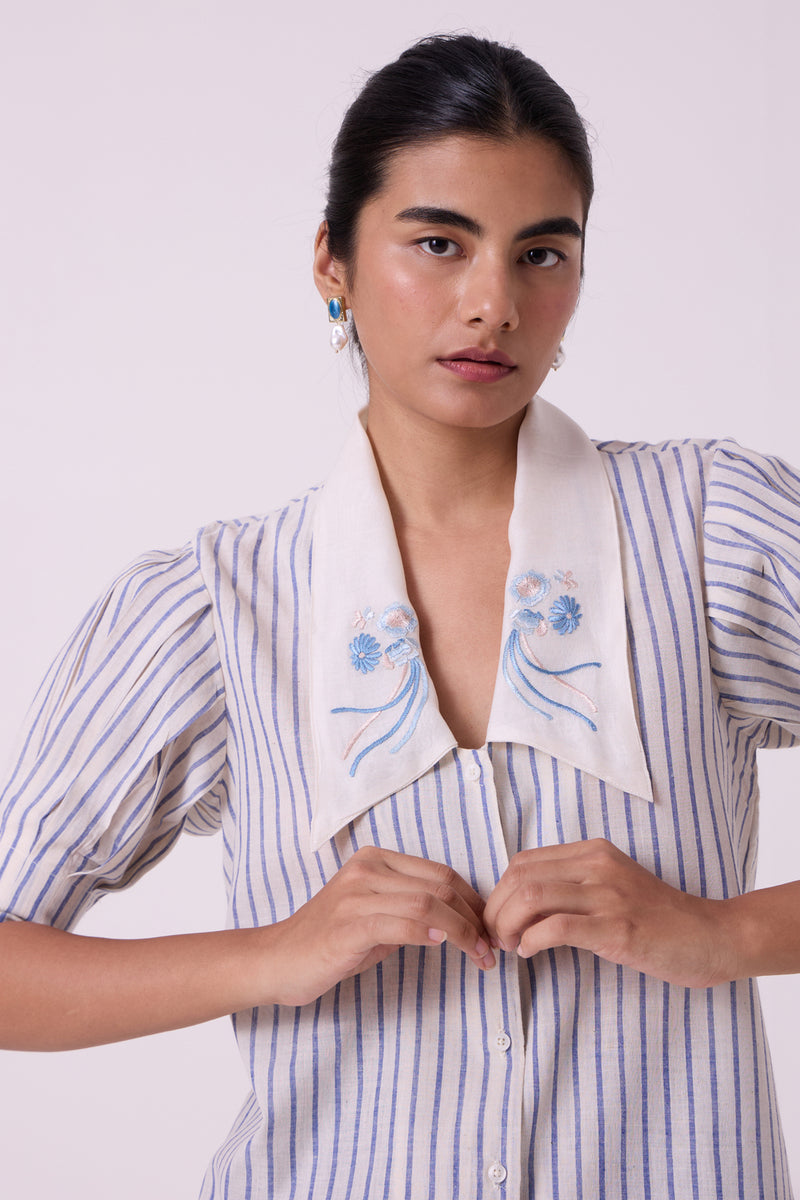 Kumo Striped Embroidered Handwoven Top handwoven cotton top/shirt by The Summer House in off white for women Worldwide