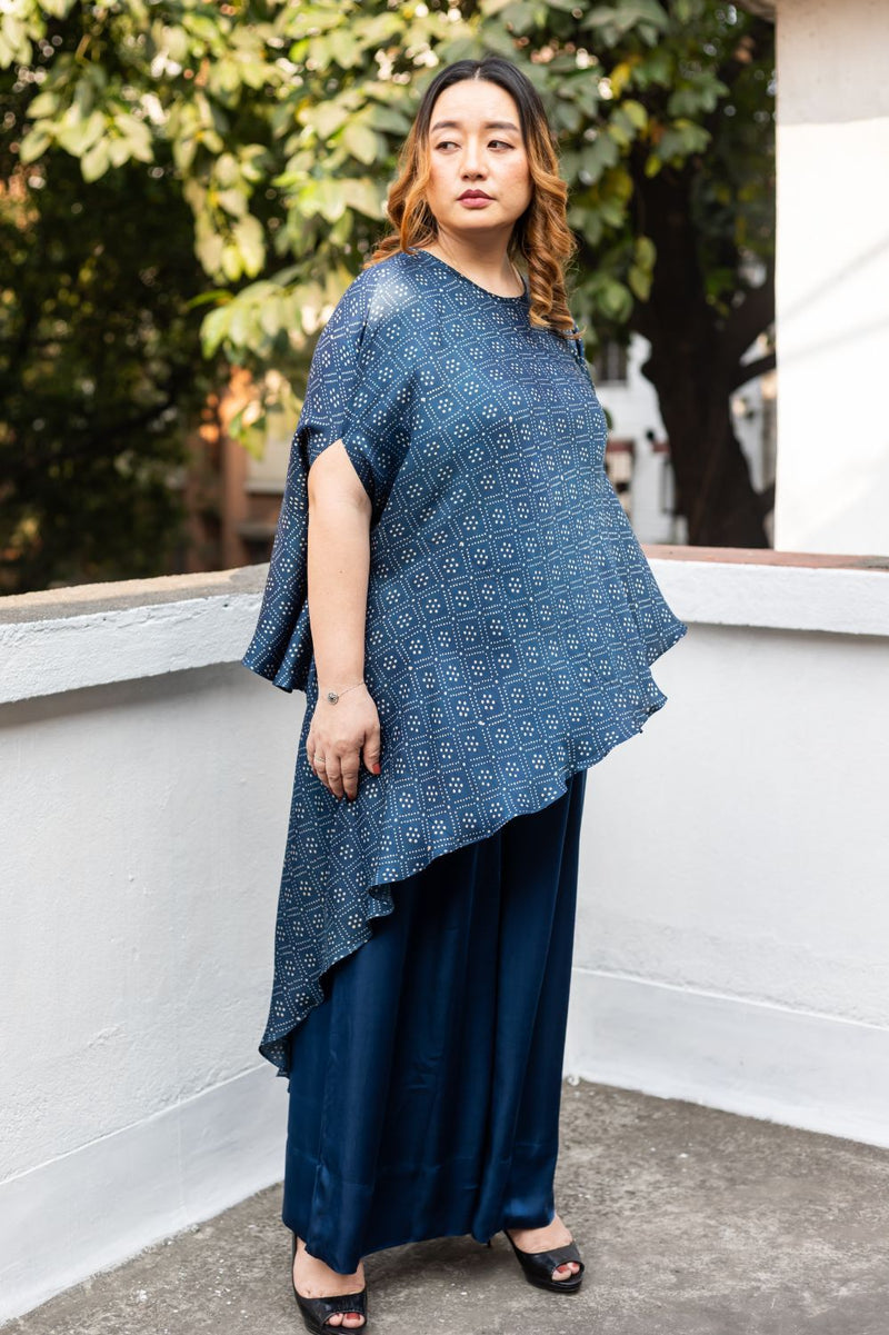 Soho Blue Ajrakh Asymmetric Tunic Set satin by PRAHNAAYA in blue color for women Worldwide