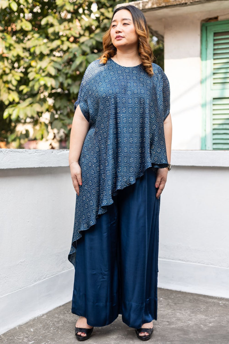 Soho Blue Ajrakh Asymmetric Tunic Set satin by PRAHNAAYA in blue color for women Worldwide