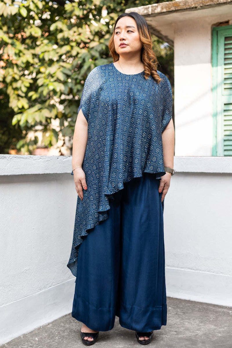 Soho Blue Ajrakh Asymmetric Tunic Set satin by PRAHNAAYA in blue color for women Worldwide
