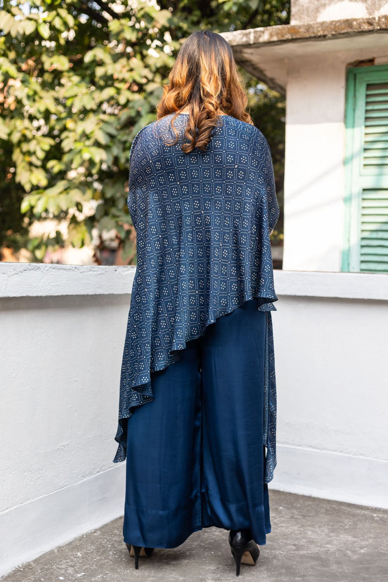 Soho Blue Ajrakh Asymmetric Tunic Set satin by PRAHNAAYA in blue color for women Worldwide
