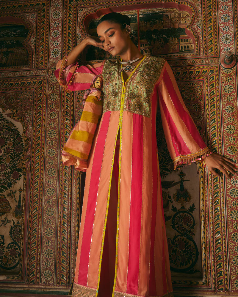 Khel Pink and Nude Yokr Embellished Jacket Kurta Set mul by Rajiramniq in multi color for women Worldwide