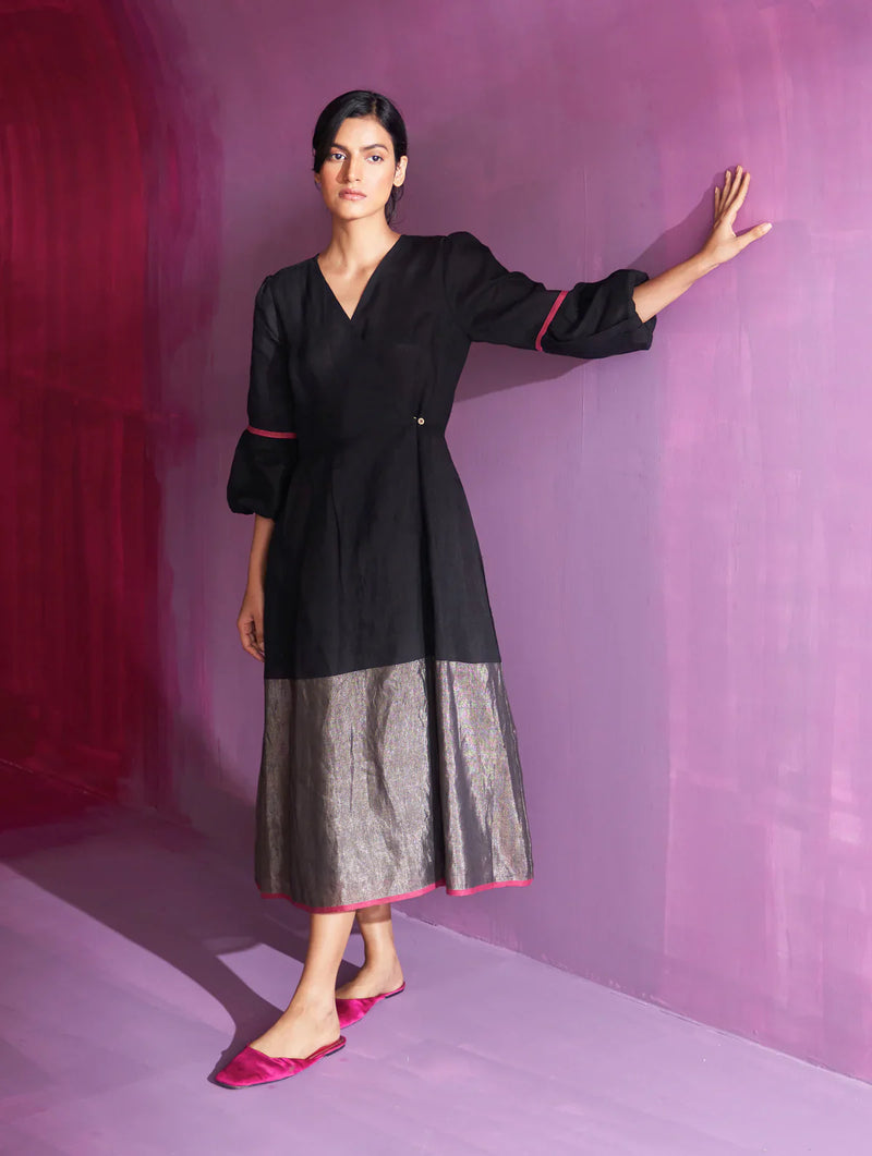 Zaina Metallic Wrap Dress - Black linen by Manan in black color for women Worldwide