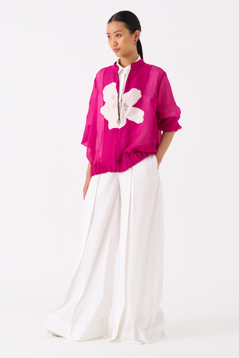 FLORAL APPLIQUE BOMBER JACKET-FUSCHIA organza by THREE for women Worldwide