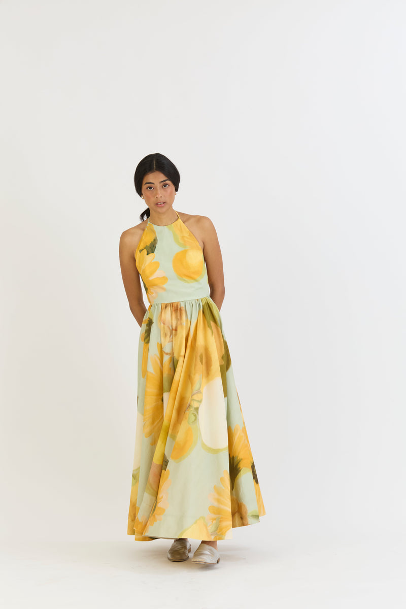 LEMONADE HALTER NECK DRESS satin by Yam in yellow color for women Worldwide