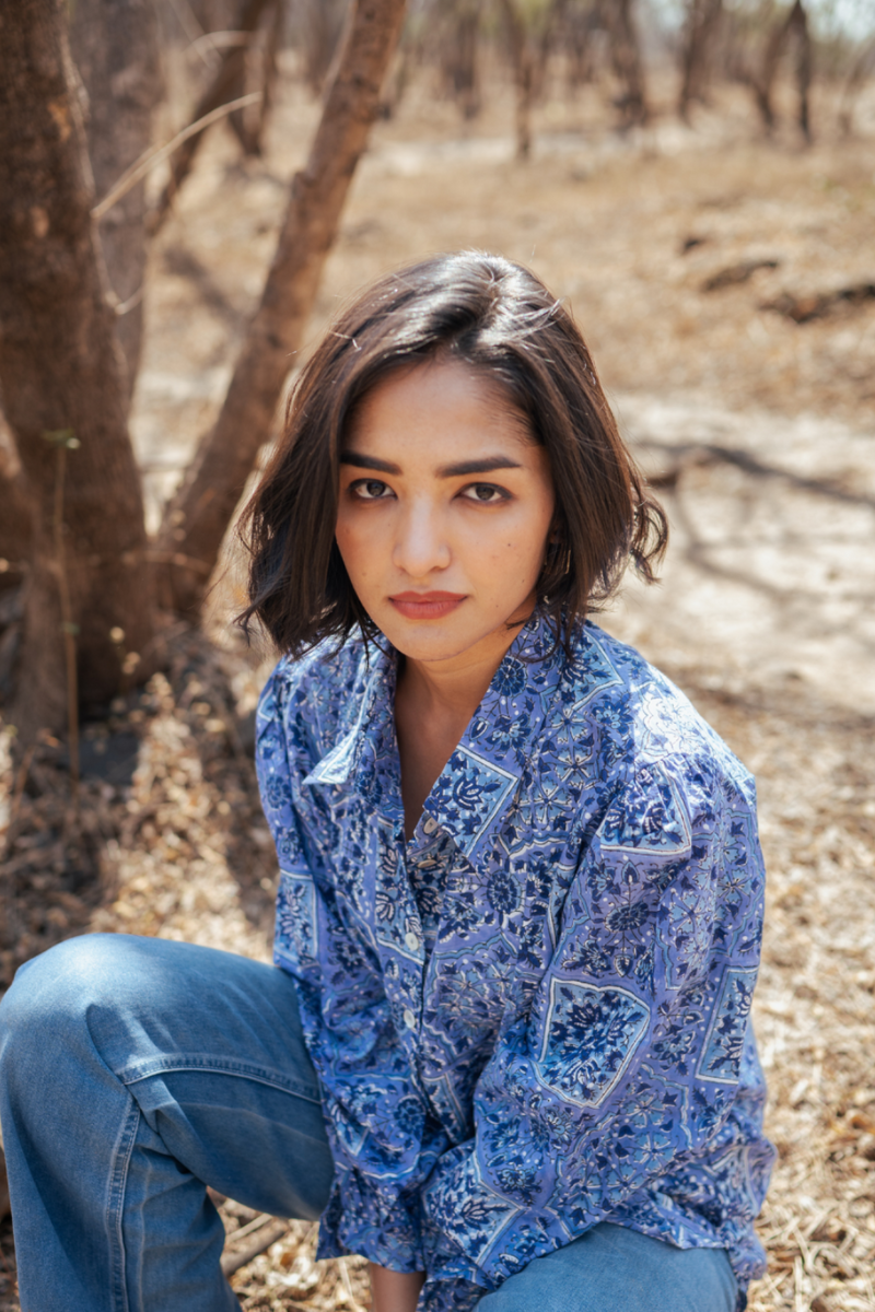 Jodhpur Shirt - Handblock Printed Cotton Shirt cotton by Marche in blue color for women Worldwide