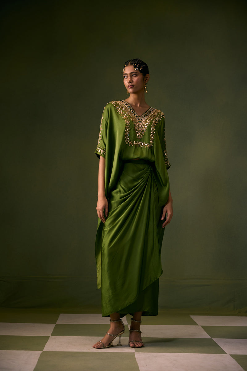 Nexa Antifit Top with Wrap Skirt vegan satin indo-western by PRAHNAAYA in musturd yellow for women Worldwide