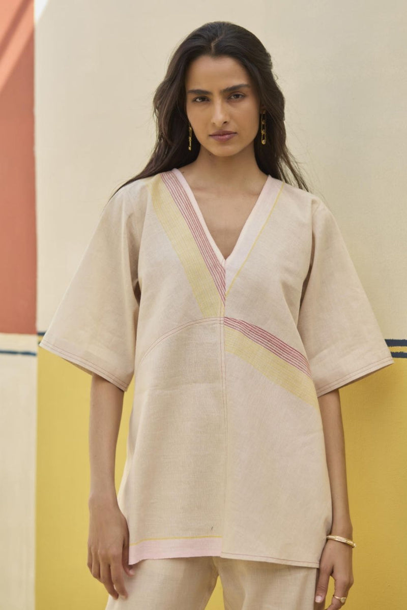 Moriko Border Linen Top - Sand by Manan in natural color for women Worldwide
